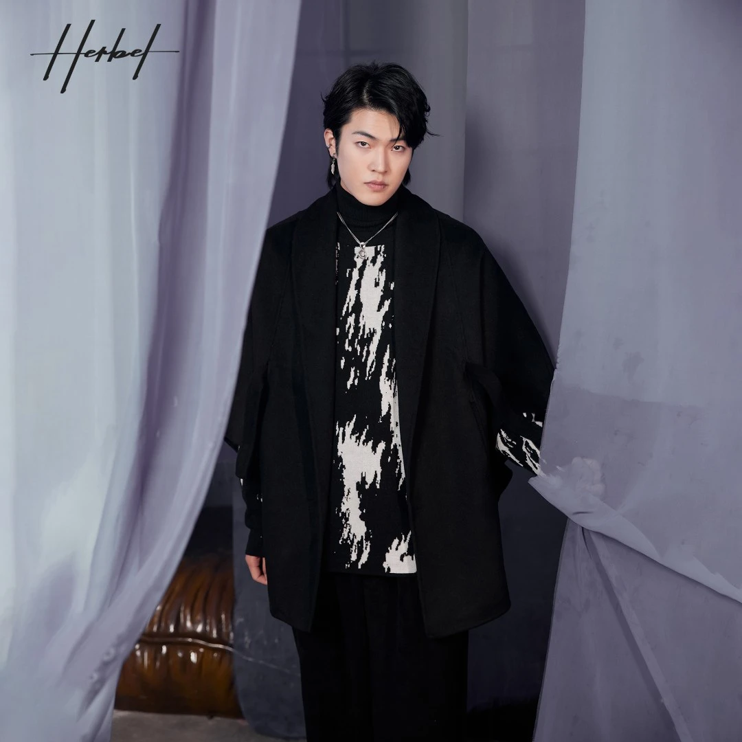 HERBEL/黑白2024冬季时尚呢大衣黑色日系束腰设计感毛呢外套休闲
