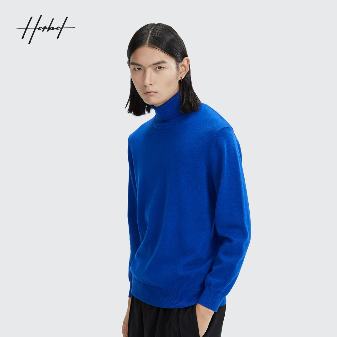 HERBEL/黑白男装2023秋冬宽松休闲长袖打底衫高领毛衣纯色针织衫