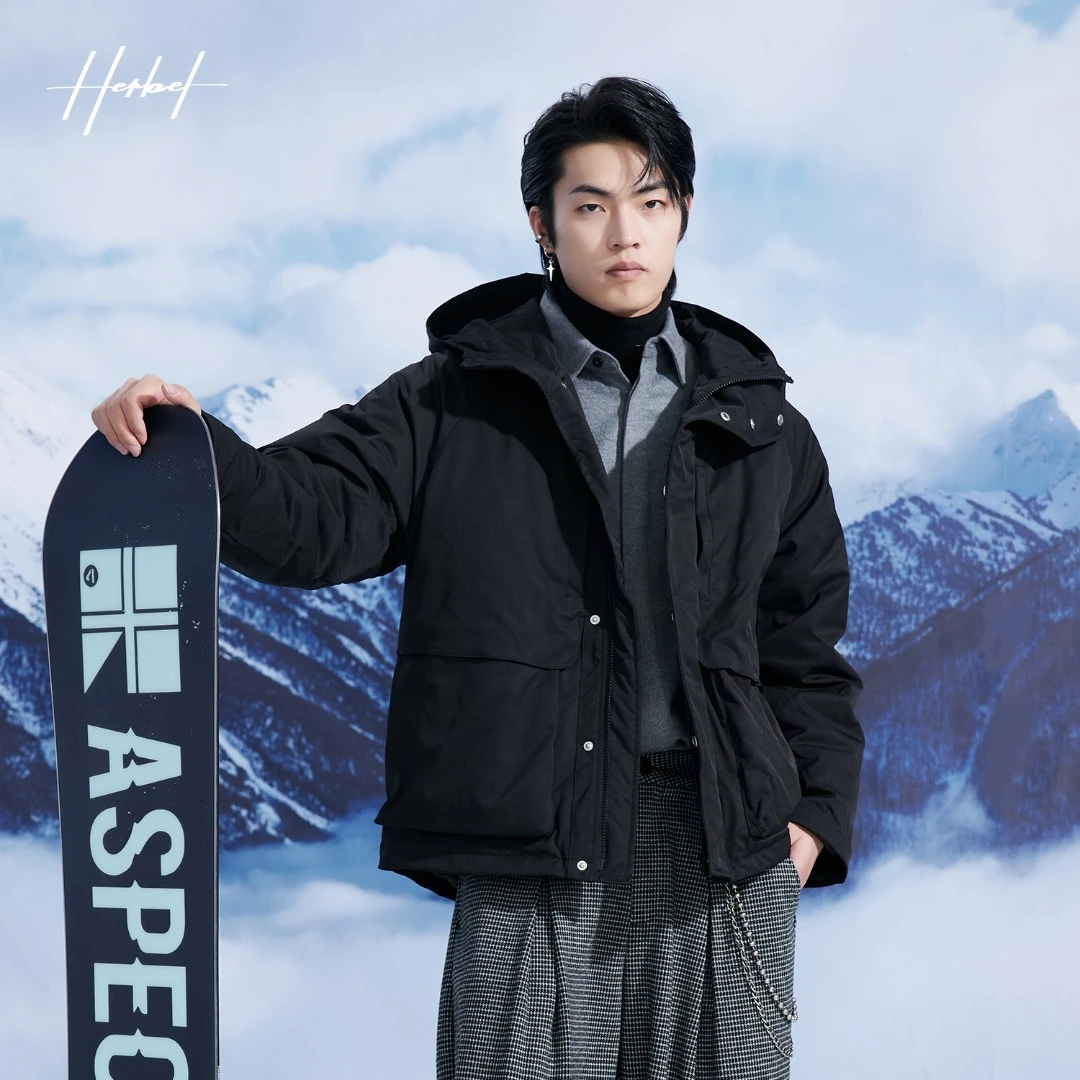 HERBEL/黑白2023冬季新品连帽羽绒服防风休闲男士流行外套时尚潮
