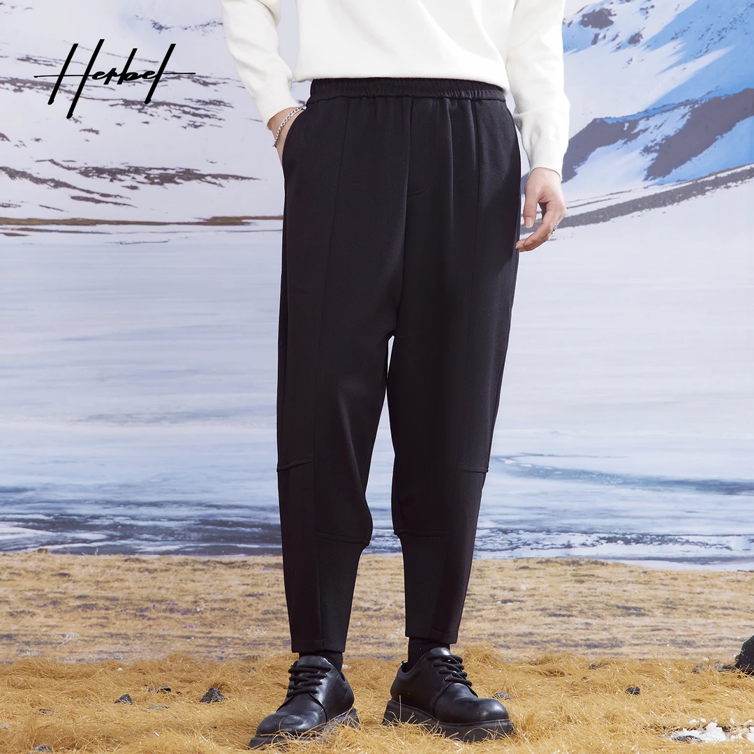 HERBEL/黑白秋冬哈伦裤锥形萝卜小脚休闲裤男士宽松户外针织