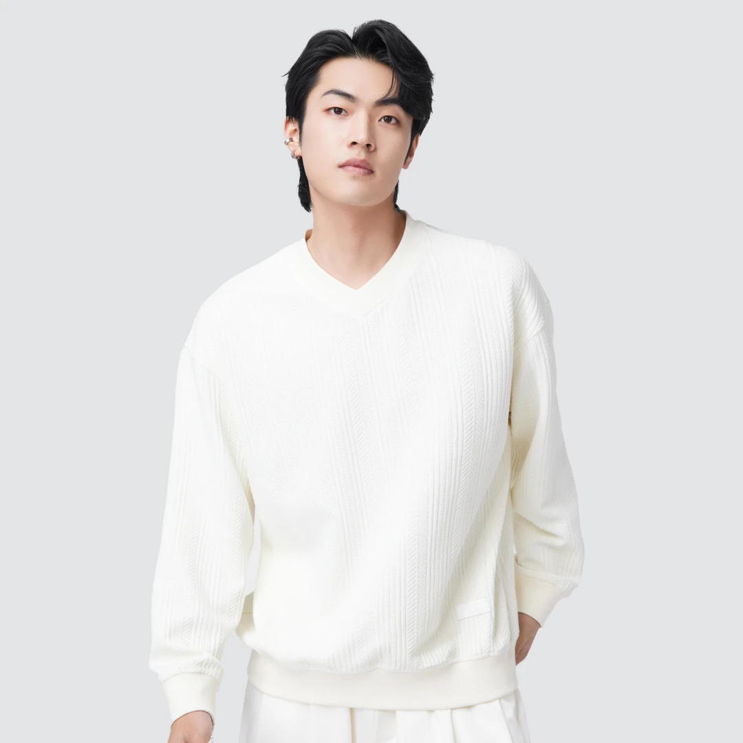 HERBEL/黑白2025秋季新款针织提花卫衣男士长袖休闲打底上衣时尚