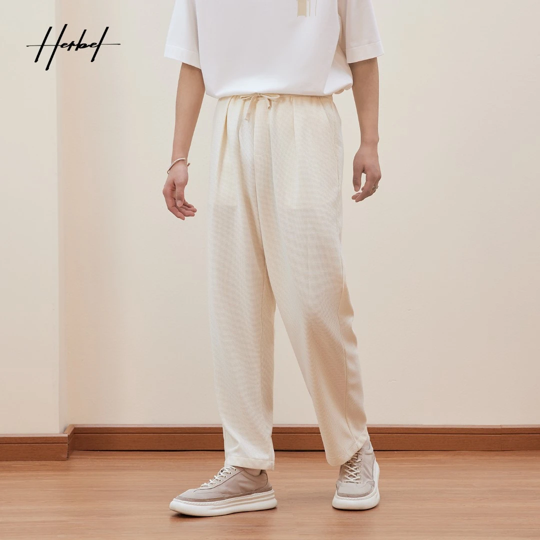 HERBEL/黑白2024夏季宽松拖地直筒体闲裤男士百搭长裤垂感双色潮