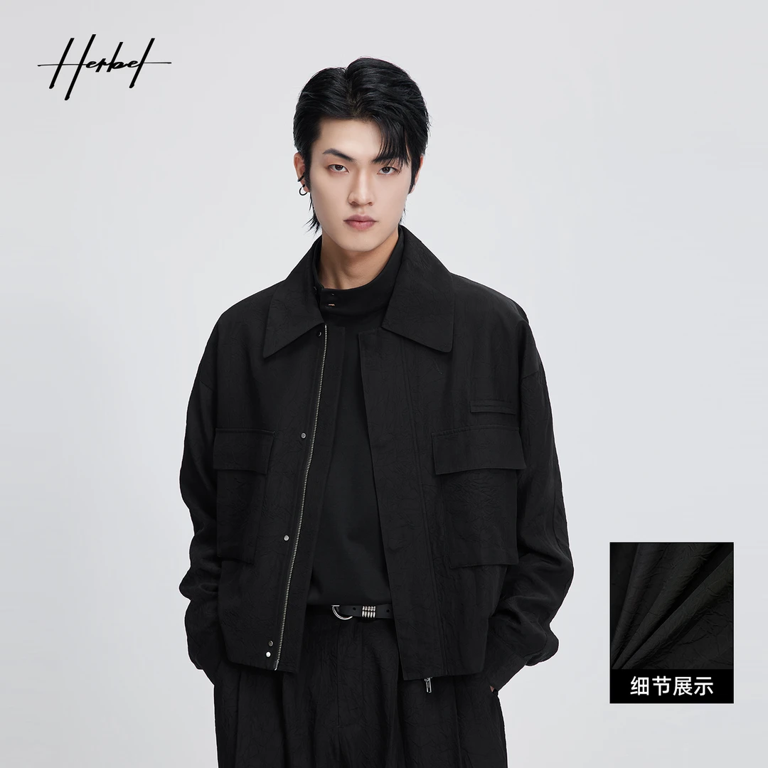 HERBEL/黑白2025春季新款工装休闲上衣轻薄宽松夹克外套男士美式