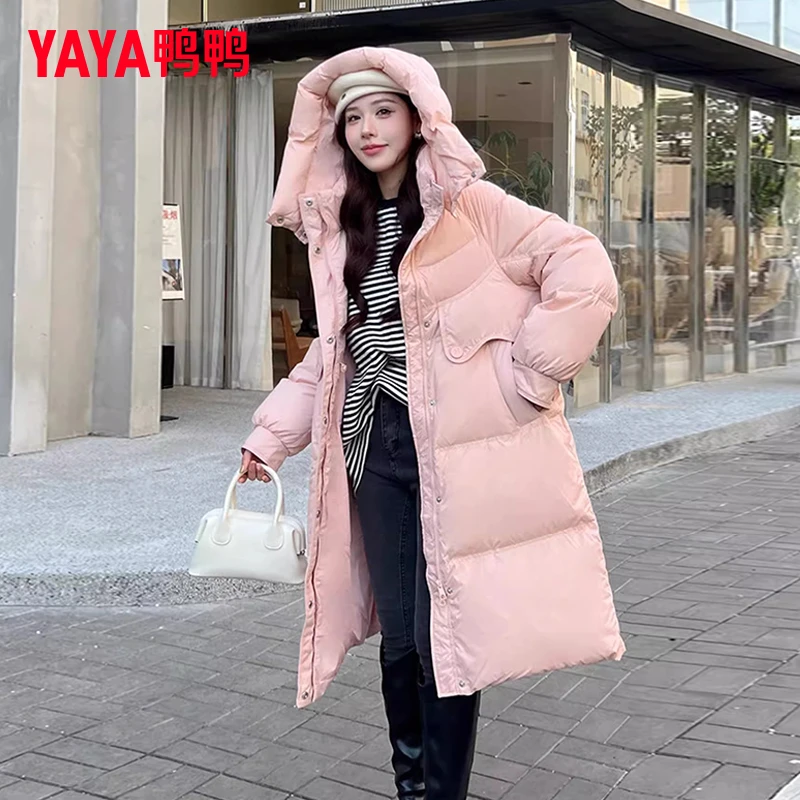 YAYA鸭鸭冬季时尚女中长款连帽加厚时尚百搭外套YE4B600911D