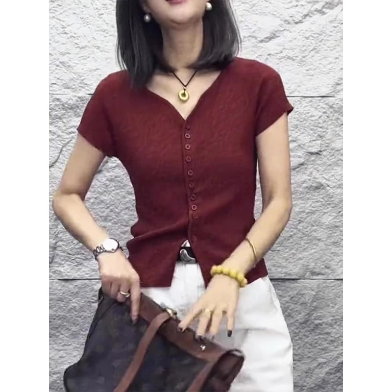 女士休闲高级感简约修身显瘦短袖上衣2024夏季新款纯色时尚短袖
