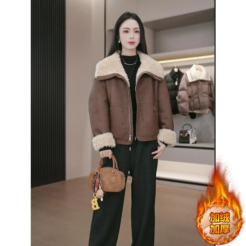2024年秋冬季新款韩版高级感皮毛一体外套女小个子时尚加绒夹克女