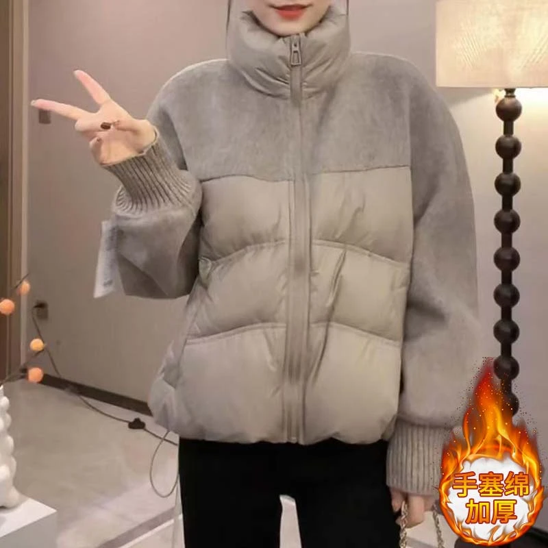 高级感棉服外套女秋冬2024新款韩版宽松加厚立领拼接保暖棉衣棉袄