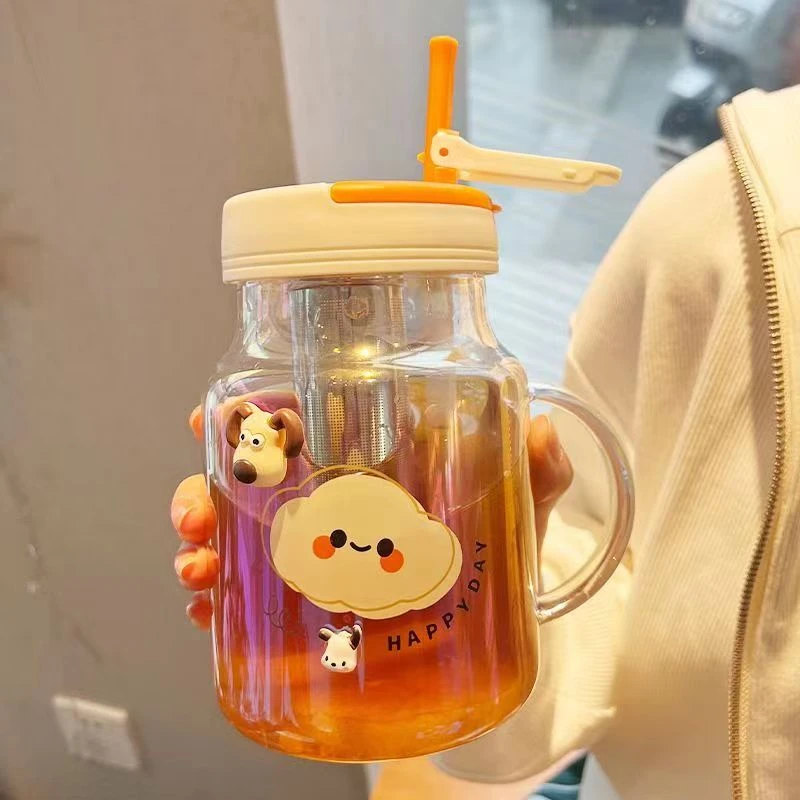 水杯女大容量玻璃杯高颜值办公吸管杯新款耐高温泡茶杯子带茶漏