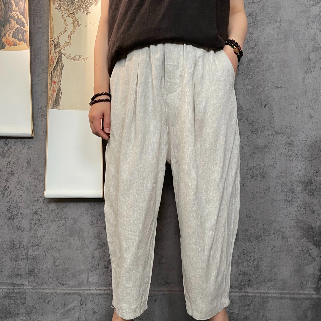 原创芬雅复古气质亚麻八分休闲小脚裤宽松松紧腰