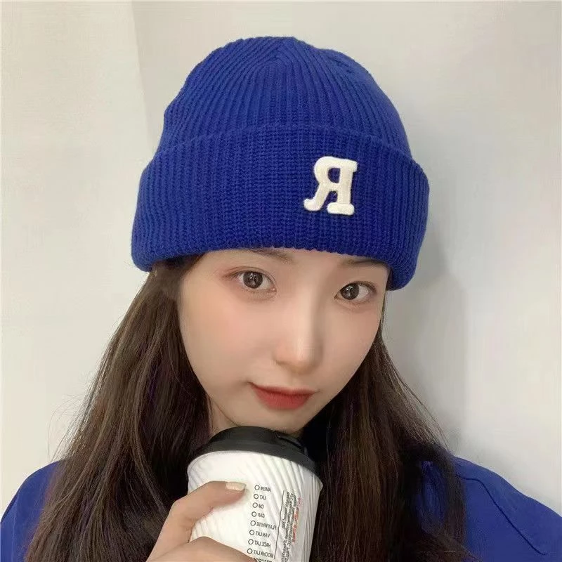 秋冬新款韩版INS潮【R标字母】保暖针织帽护耳包头冷帽时尚瓜皮帽