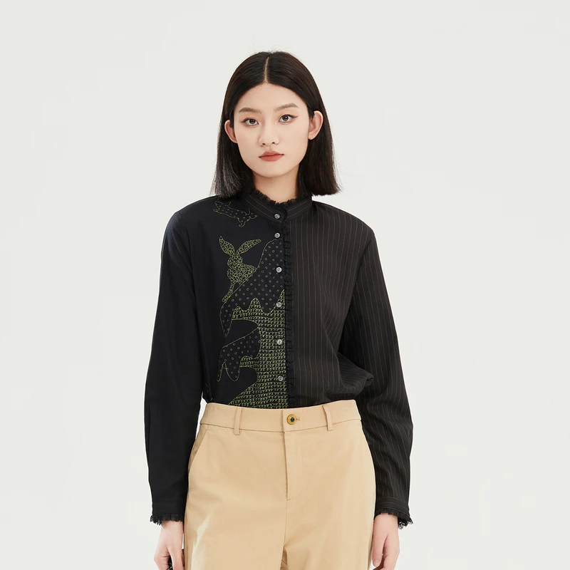 谜底复古立领衬衫长袖女2023秋款时尚印花拼接修身衬衣239MC7328