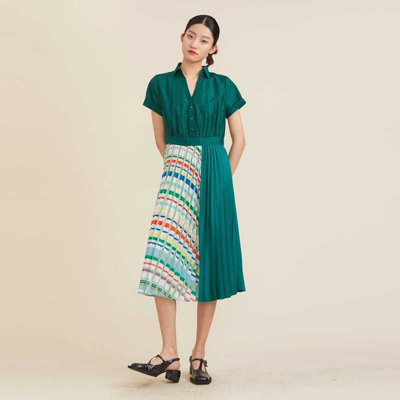 谜底天丝短袖优雅气质时尚小众设计撞色压褶拼接中长裙222ML0730