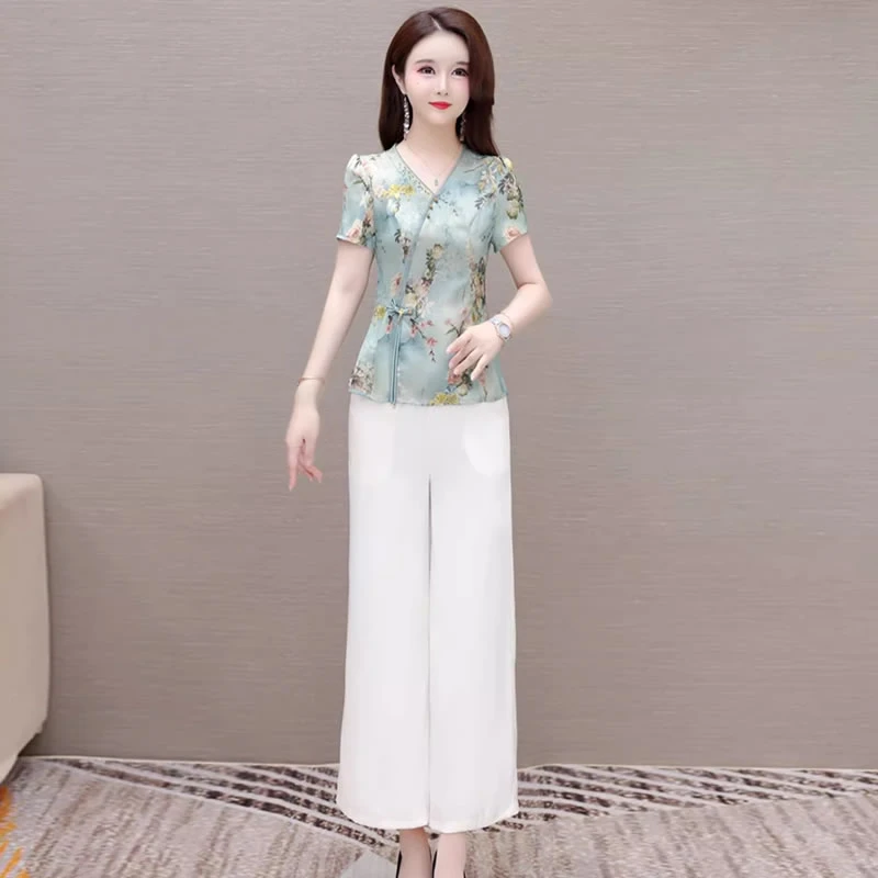 中年妈妈装气质套装2025新款夏季女短袖印花小衫阔腿裤休闲两件套