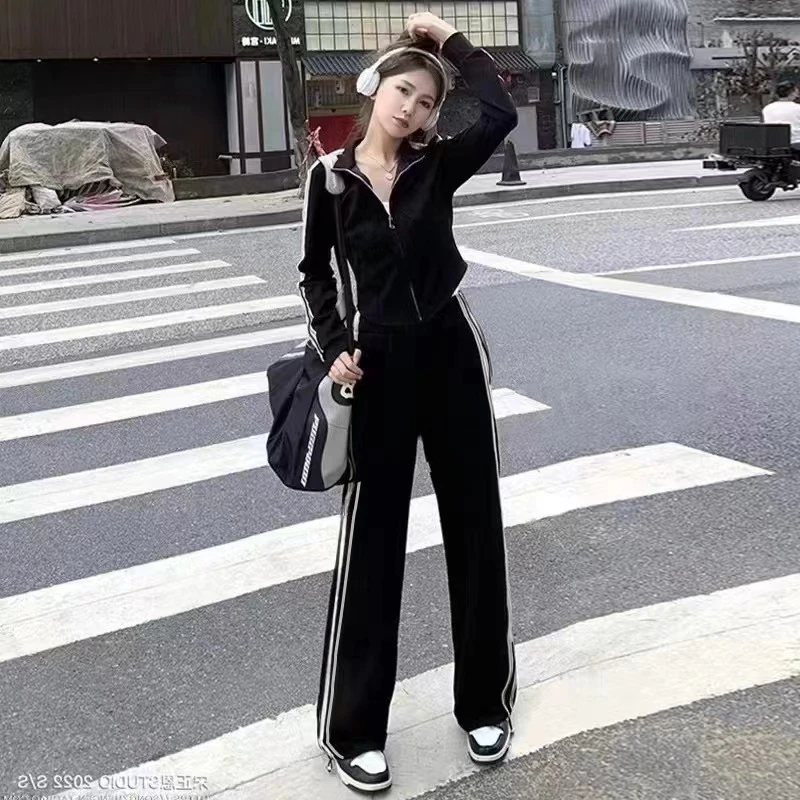 (现发)#3341韩版休闲运动服套装女2023秋冬时尚侧条纹长裤两件套~