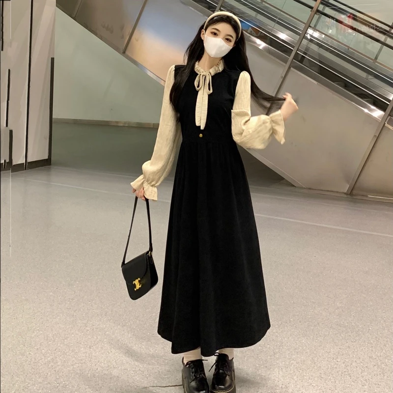 ~淡然～#9358复古法式假两件系带连衣裙收腰显瘦灯芯绒连衣裙