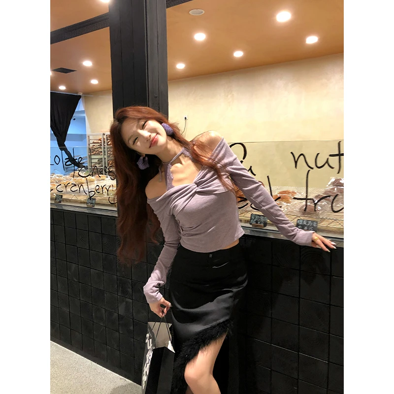 【12YE】纯欲款针织挂脖显瘦露肩长袖上衣搭配半身裙 T1094/Q1095