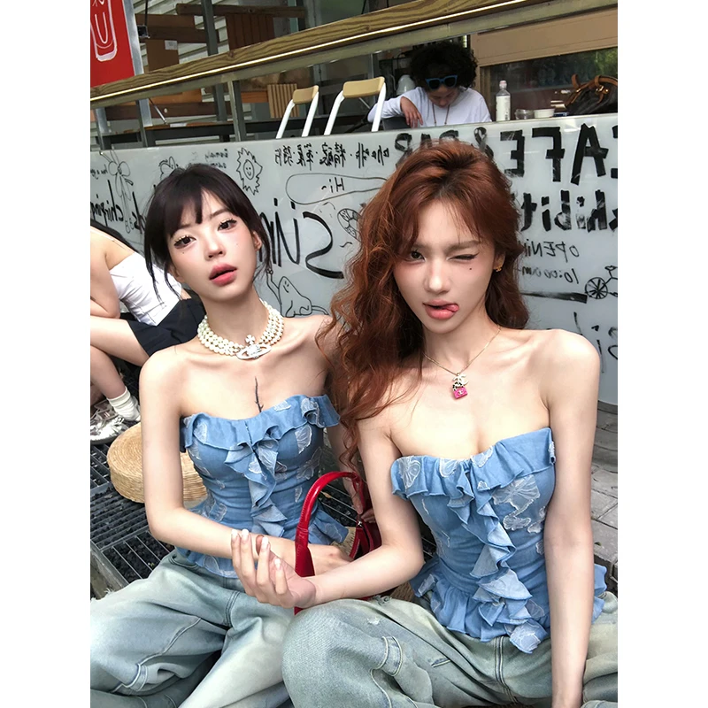 12YE【泰兰德之夏】纯欲蝴蝶剪花荷叶边抹胸上衣（有胸垫）