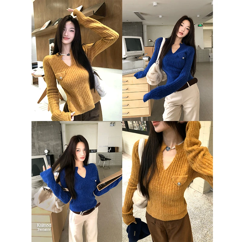 【12YE】辣妹风高级感显瘦V领毛织长袖上衣 T1179