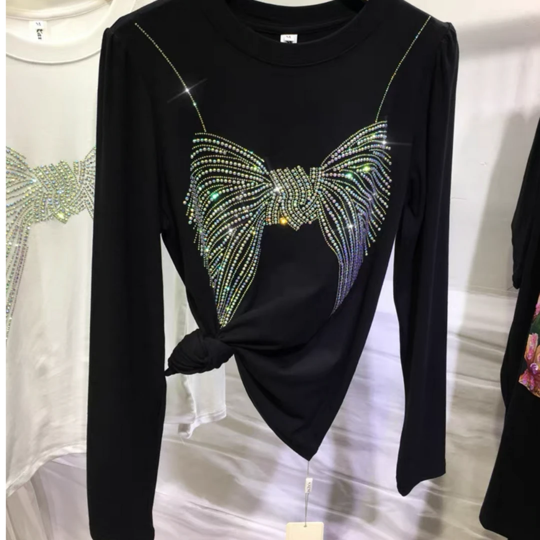 【coco】女士秋季时尚重工烫钻黑色百搭长袖打底气质上衣