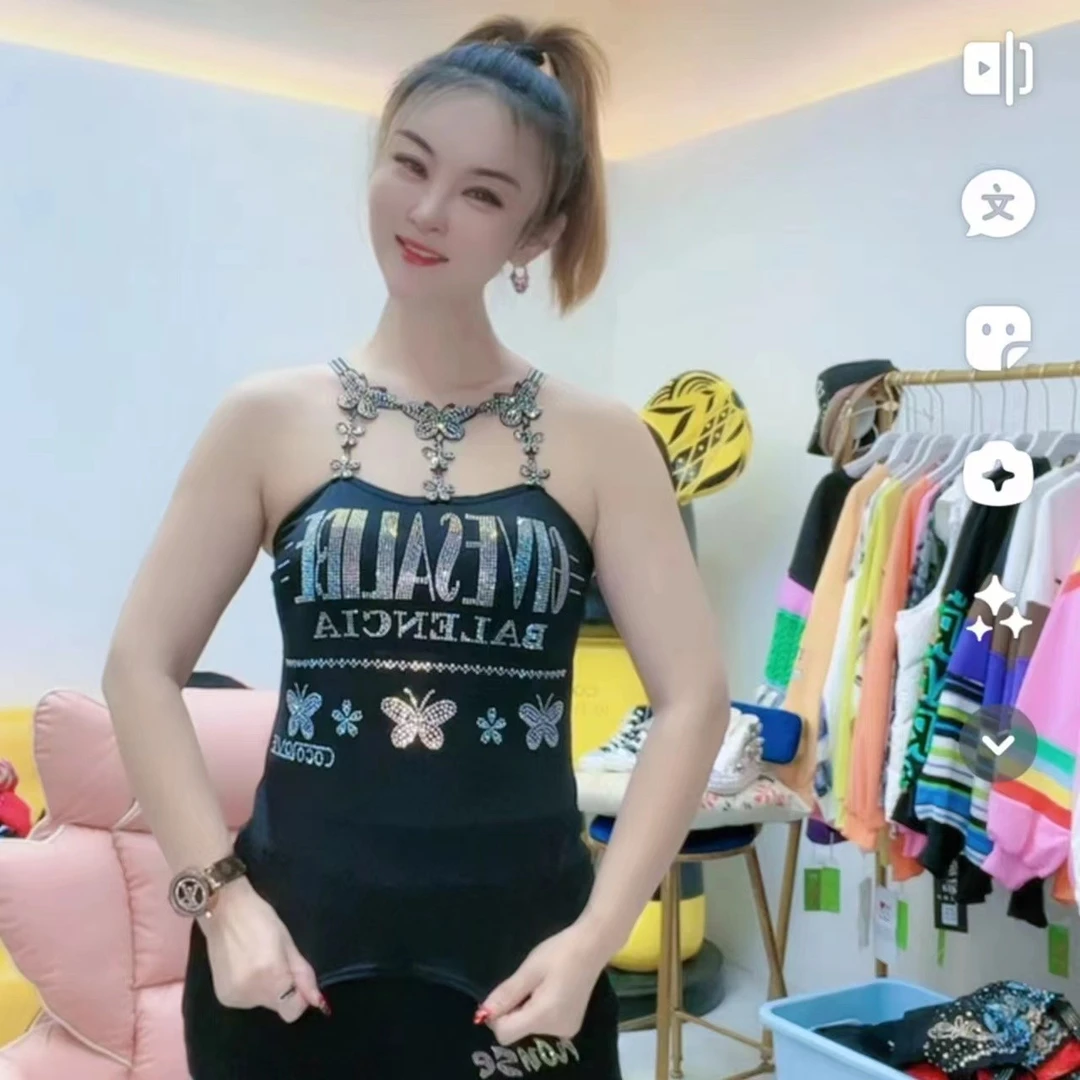 【coco推荐】新款重工烫彩钻冰丝字母蝴蝶时尚百搭长款美背120