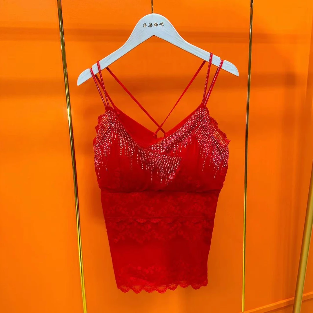 【coco】蕾丝细带加绒加厚美背时尚烫钻打底气质百搭设计师网红174