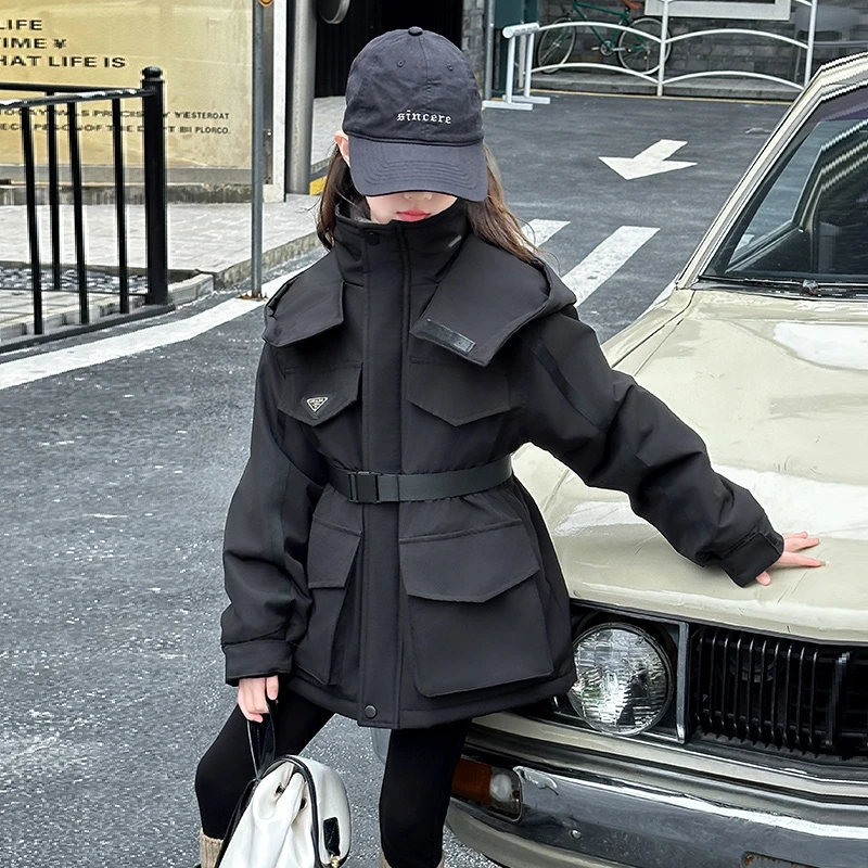 女童加绒加厚可收腰冲锋衣外套冬季2025新款中大童韩版棉衣派克服