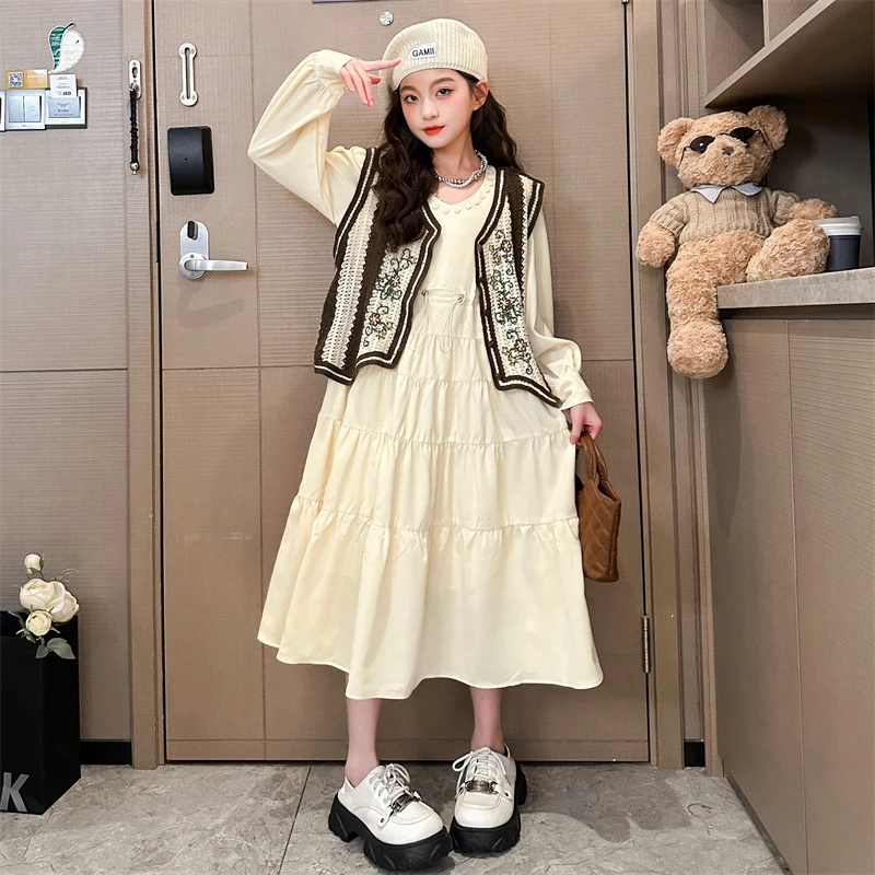 女童秋季连衣裙2023新款洋气儿童马甲公主裙秋装女孩长袖裙子套装