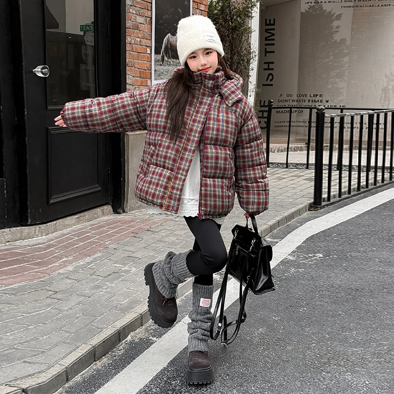 女童短款棉服2024新款女大童格子保暖棉衣儿童时尚加厚连帽外套潮