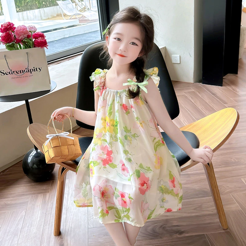 女童碎花吊带裙沙滩裙海南岛服连衣裙洋气女孩背心裙甜美公主裙新