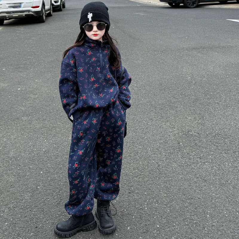 女童冬季加绒卫衣套装2024秋冬新款休闲长裤两件套一体绒保暖冬装