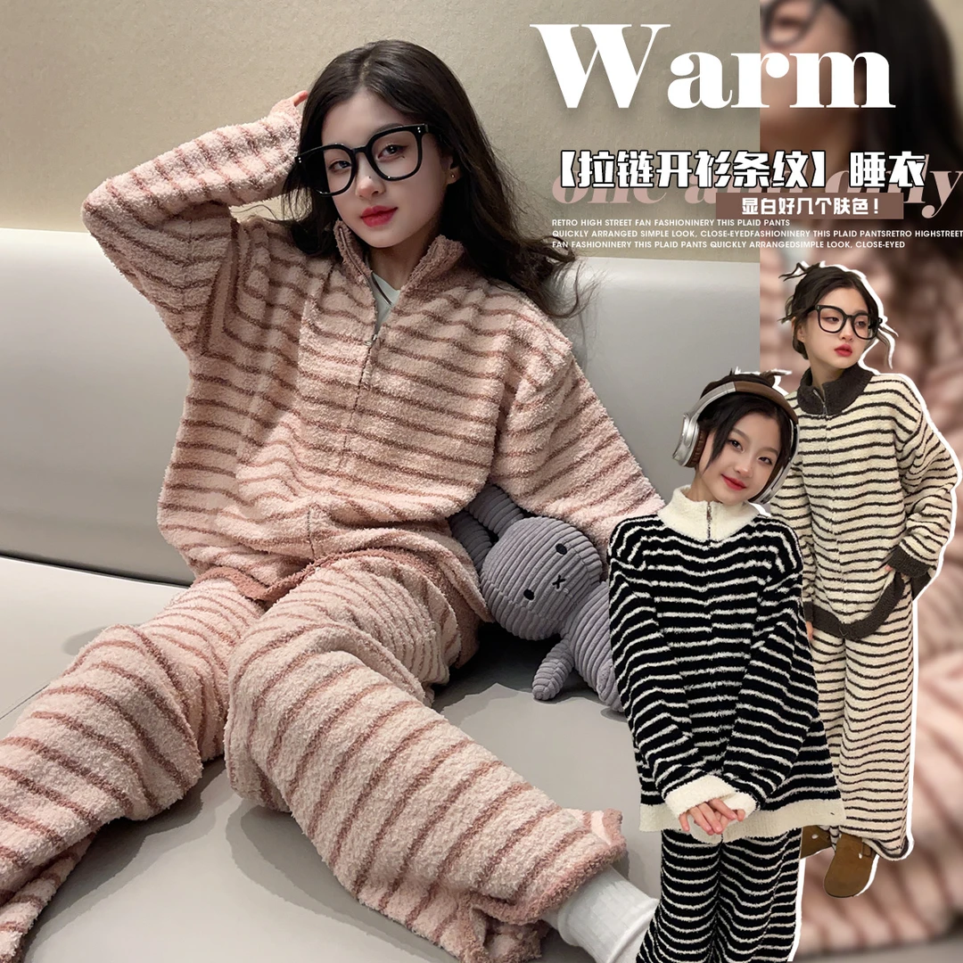 韩国童装2024秋冬季女童睡衣套装儿童珊瑚绒睡衣加毛绒加厚家居服