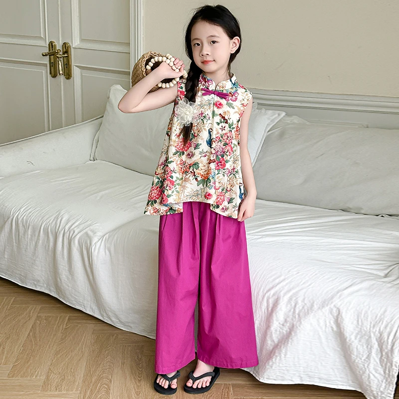 女童套装2024夏新款中国风碎花复古无袖上衣童装新中式儿童两件套
