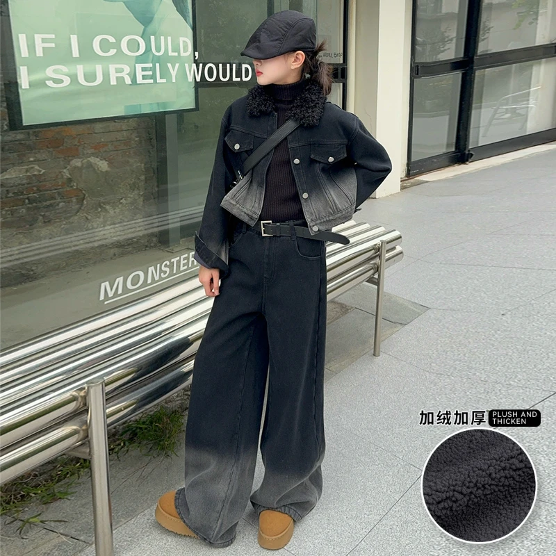 女童加绒牛仔套装秋冬款2025新款中大女童加厚洋气时髦牛仔两件套