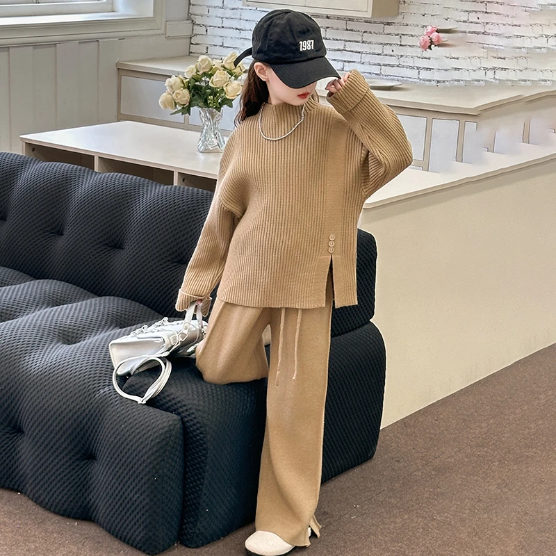 女童秋冬毛衣套装2024新款6-12岁15岁儿童时髦针织衫阔腿裤两件套