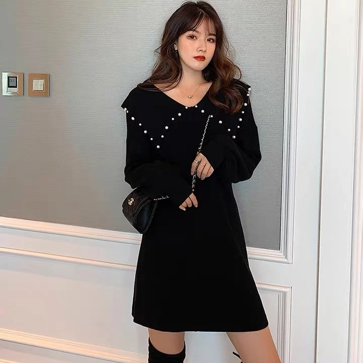 冬季新款推荐V领轻奢重工钉珠中长款显瘦带弹长袖连衣裙 大码气质