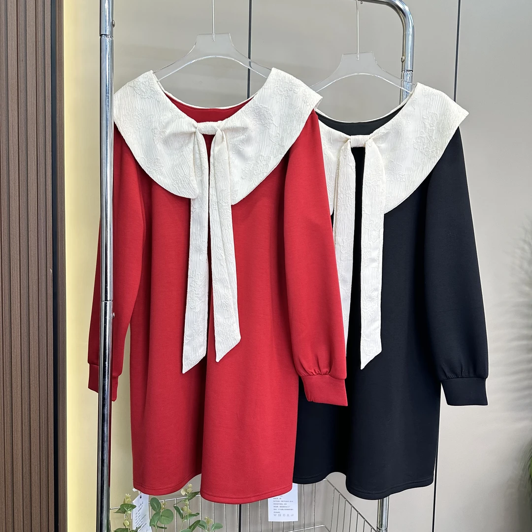 新年款娃娃领连衣裙圆领蝴蝶结减龄宽松显瘦宽松连衣裙气质洋气时