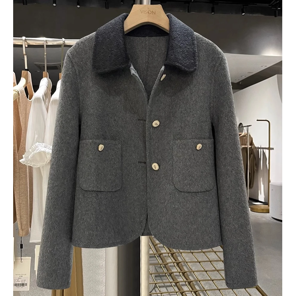 80%羊毛双面呢高端灰色高级感毛呢西装外套女秋冬新款短款呢大衣
