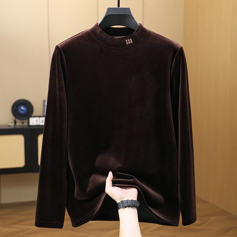 金丝绒半高领打底衫男士秋冬2025新款高级感保暖内搭加厚长袖T恤