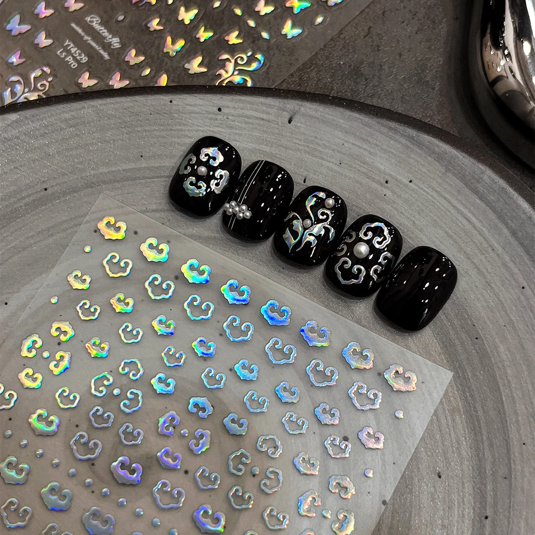 新款幻彩镭射螺细美甲贴纸蝴蝶中式花纹爆闪轻奢风带背胶指甲装饰