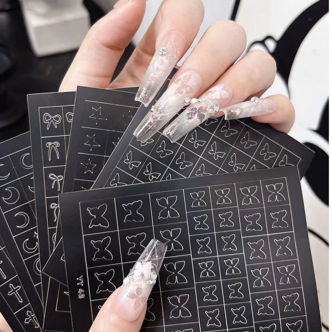新款美甲镂空喷绘贴纸 蝴蝶星星月亮十字架蝴蝶结镂空模板指甲贴