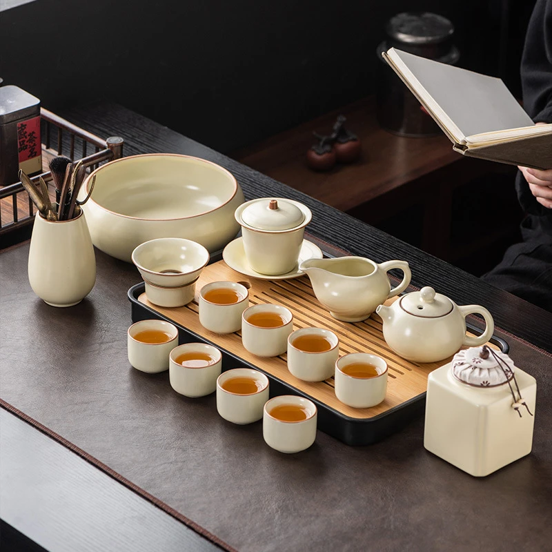 米黄汝窑功夫茶具家用公司高档礼品定制logo送客户实用伴手礼赠品