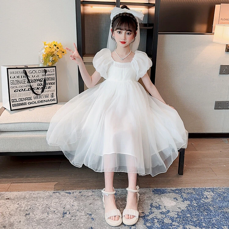 【凉白开】泡泡袖儿童节连衣裙加头纱女童白色洋气夏季大童