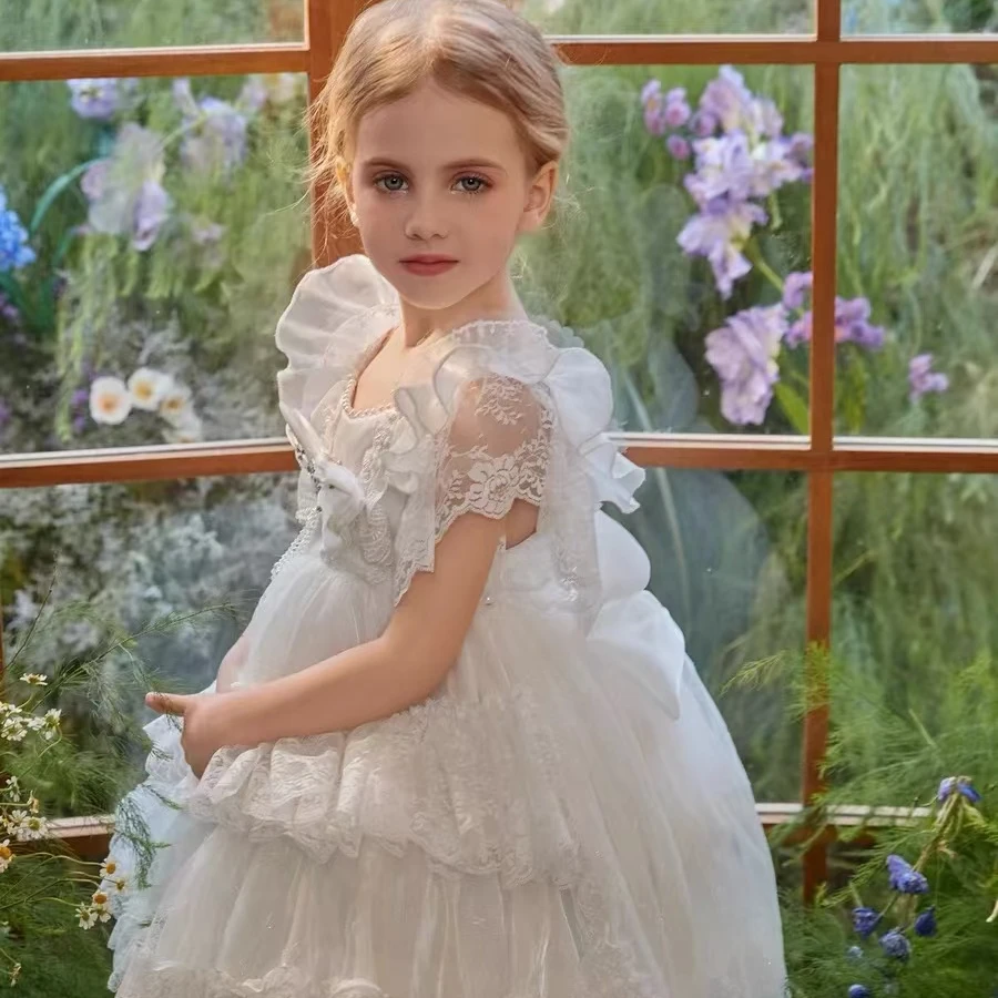 【白月光】大拖尾蕾丝女童白色夏季蓬蓬纱连衣裙公主裙走秀款