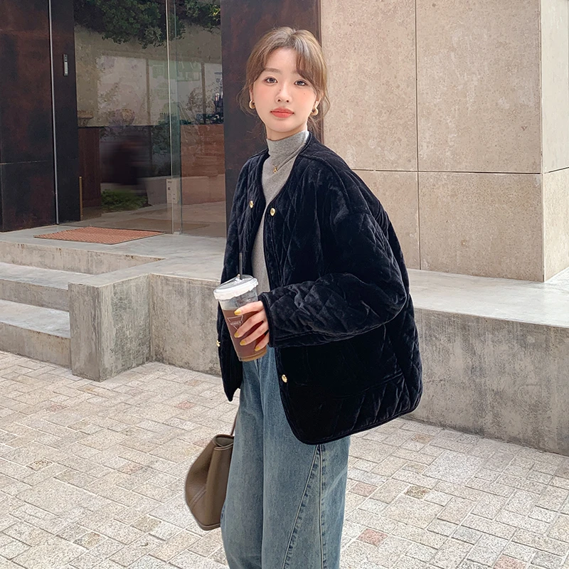 金丝绒短款羽绒棉服女冬2024新款小香风超好看加厚加绒小个子棉服