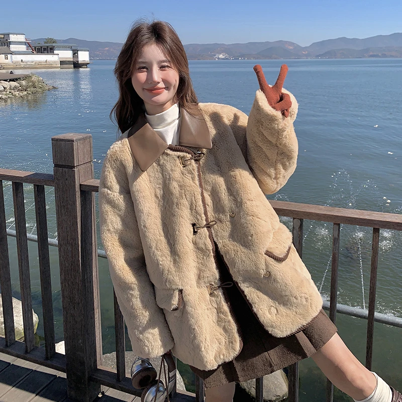 仿羊羔毛外套冬皮毛一体温柔小香风拼接翻领毛绒小个子厚环保皮草