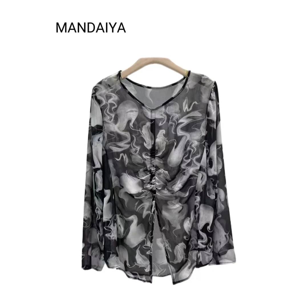 『清货』2023款轻薄透视前开叉长袖宽松网纱防晒衬衫上衣