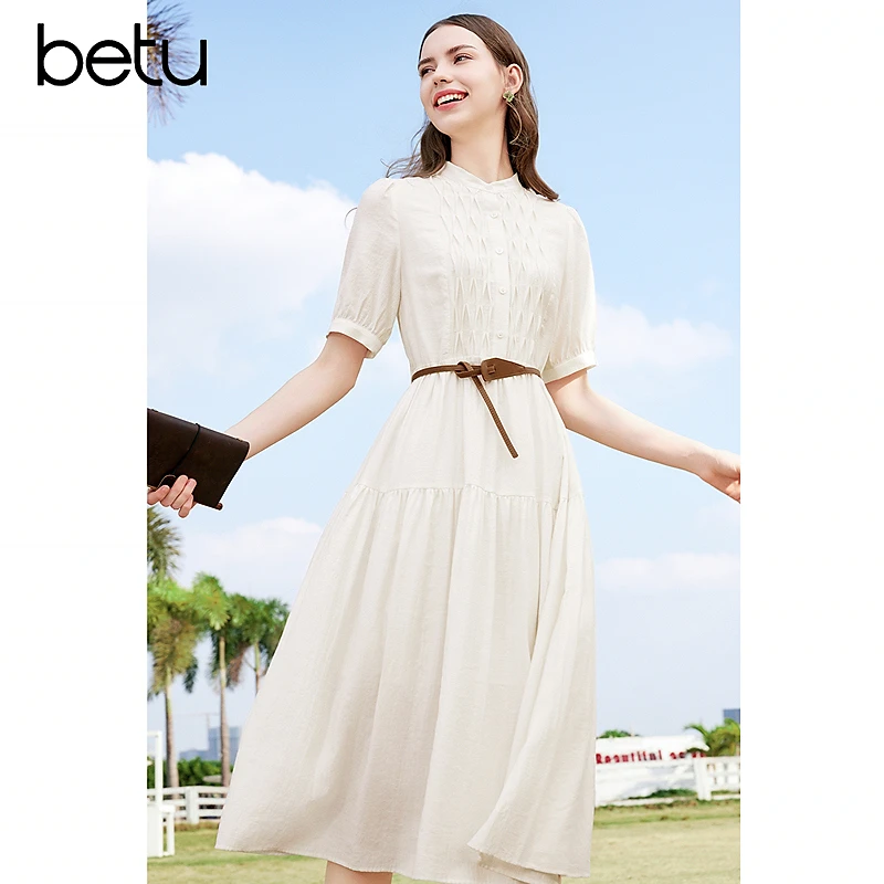 Betu/百图25年夏季新款显瘦气质白色时尚复古法式连衣裙2403D06