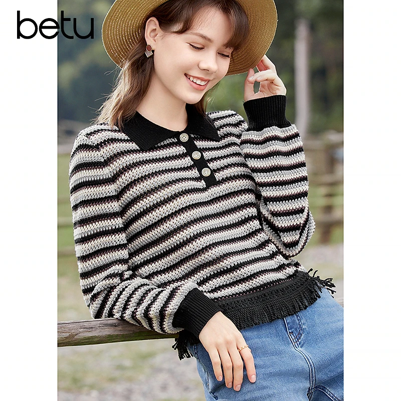 百图2024年秋季新款条纹流苏百搭经典毛针织衫