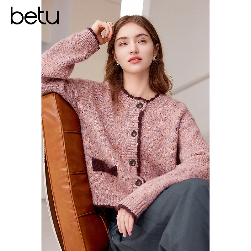 百图2025春季新品撞色花纱粉复古针织开衫小香风短款毛衣外套雅丹