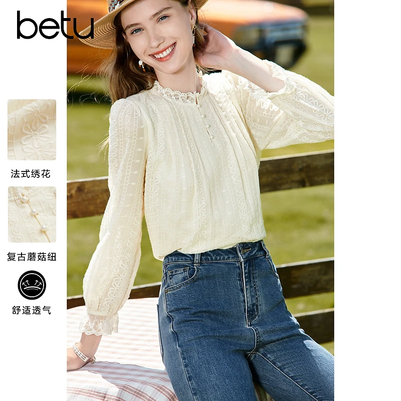 百图2025年春季新款气质花边绣花衬衫